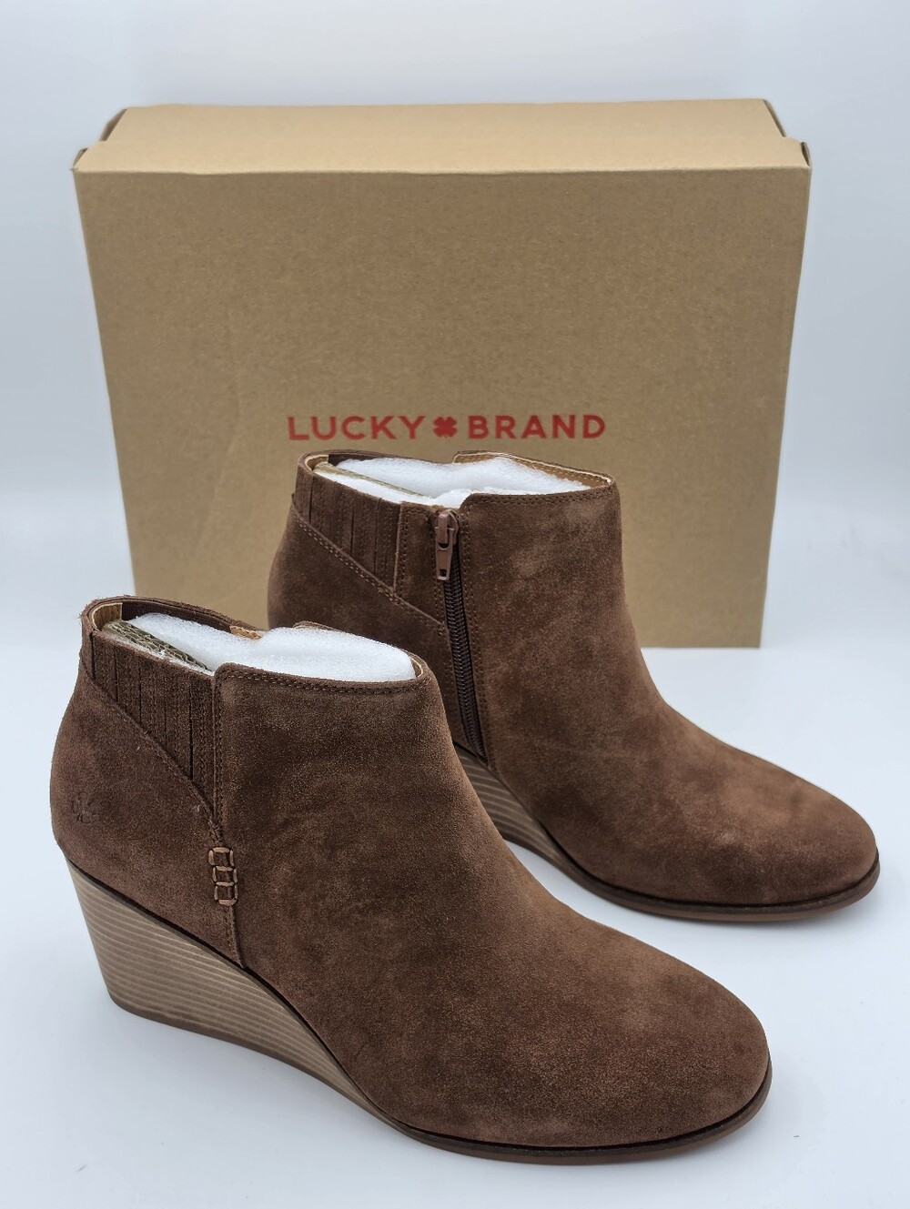 NIB Lucky Brand Zorla Wedge Booties, Roasted Oiled Suede, Women's U.S. 11M